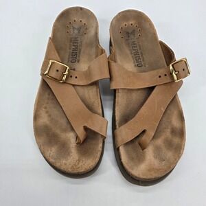 Mephisto Sandals Helen Tan Leather Toe Loop Slides Camel Slip on Comfort 38 / 8